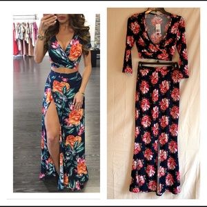 Navy Blue And Floral Print Skirt Set